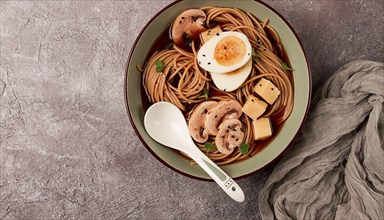 Asian soba soup, with mushrooms and egg, cheese, sesame seeds, homemade, no people