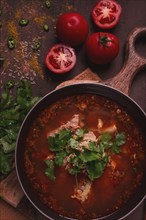 Kharcho soup, traditional Georgian dish, spicy soup, red, homemade, no people