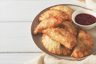 Fried chebureks, close-up, on a light background, no people