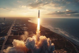 Aerial view of a rocket launch at sunrise sunset over an ocean coast. The rocket is blasting off