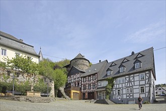 Town hall square with Schinderhannesturm tower and half-timbered houses, Tourist, Herrstein,