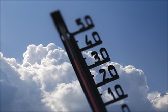 Symbolic image of heat/storm warning: Thermometer in front of building cumulus clouds (Composing)