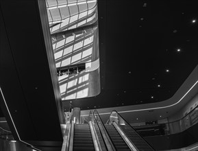 Black and white photograph, escalator in a shopping mall, Berlin, Germany, Europe