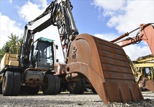 Wheeled excavator, excavator on a construction site, Denmark, Europe