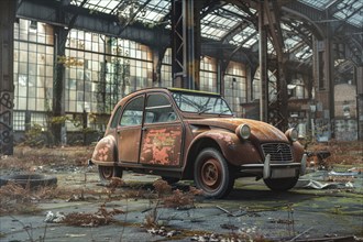 An old, weathered and dusty vintage car, wreck, Citroen 2 CV from the 70s stands in an old factory