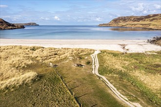 Aerial view of Calgary beach, a sandy beach on the west coast of Isle of Mull, Scotland, UK