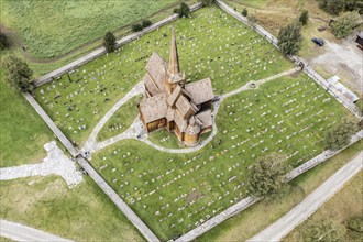 Aerial view of Lom stave church and cemetery, Lom, Norway, Europe