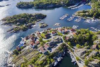 Aerial view of houses and marina at the southern norwegian coast, east of Kragerø, Norway, Europe