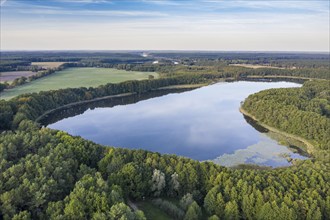 Aerial view of northern tail of lake Mirow, Mecklenburg lake district, Mecklenburg-Vorpommern,