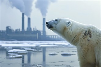 Climate change, global warming and environmental pollution. Polar bear animal extinction, AI