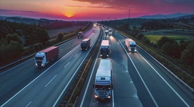 Long haul container truck carrying commercial cargo delivery between cities on a freeway, AI