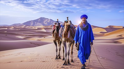 Camel rider with camels travelling over dunes in the desert, AI generated