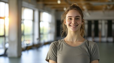 Yoga instructor in class for flexible yoga poses and mindful spiritual meditation relaxation, AI