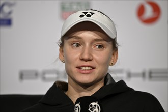 Elena Rybakina (KAZ) portrait, press conference, PK, interview, microphone, mike, logo, WTA,