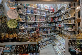 Grand Bazaar, Pottery display in a shop, Istanbul, Turkey, Asia