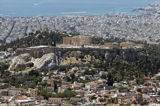 View over the Acropolis to Piraeus and the Saronic Gulf, from Lycabettus, Lykavittos, Athens,