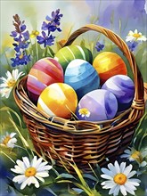 Illustration of of vibrant colored Easter eggs in a wicker basket, surrounded by delicate spring