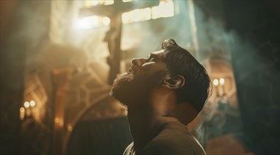 Christian man prays to lord Jesus Christ with passion in catholic church in front of the cross, AI