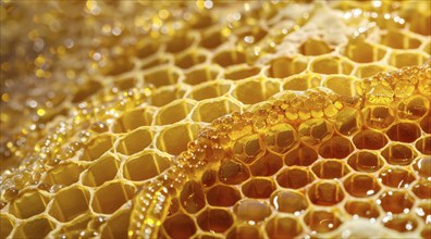 A close up of honeycomb with honey dripping from it, AI generated