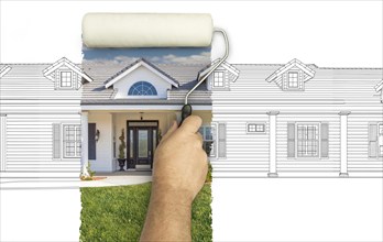 Before and after of man painting roller to reveal custom home photograph under pencil sketch