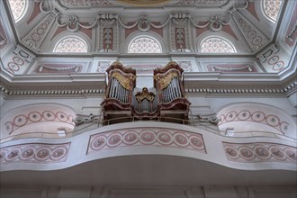 Organ loft of St James' Church, built 1772-1775, Bad Kissingen, Lower Franconia, Bavaria, Germany,