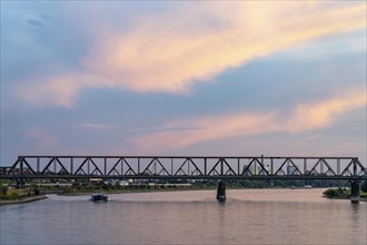 The railway bridge Duisburg-Hochfeld-Rheinhausen, over the Rhine, regional trains and many goods