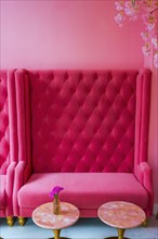 Vintage decoration in pink with plush sofa and table as furnishing, interior, design, upholstery,