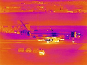 Aircraft on the apron, thermal image or thermography, symbol photo, interpolated. Stuttgart