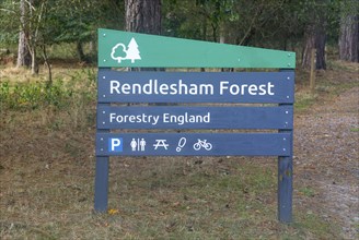 Forestry England sign for Rendlesham Forest, Suffolk, England, UK