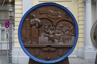 Beer keg of the Mönchshof Bräu brewery in front of the town hall during the Kulmbach Beer Week,