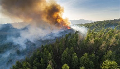 Fire, forest fire, burning spruce forest, aerial view, AI generated, AI generated