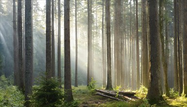 Landscape, forest, spruce forest, high trunks, fog, sunbeams, AI generated, AI generated