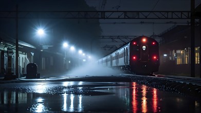 Nighttime train wash in a misty depot with water spray, AI generated