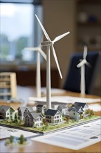 Scale model of a wind turbine adjacent to miniature houses, AI generated