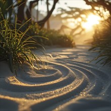 Zen garden bathed in the soft glow of dawn as a serene symbol for relaxation, AI generated