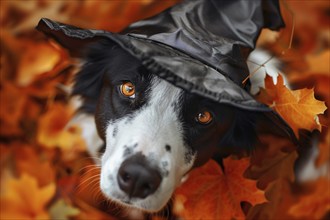 Close up of face of dog with Halloween costume witch hat between colorful autumn leaves. Generative