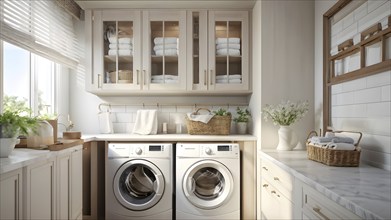 Real estate laundry room with modern stackable washer and dryer, AI generated