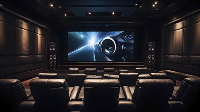 Modern home theater with boasting plush reclining seats elegantly arranged, AI generated