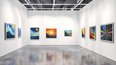 Art gallery with canvas and plastics in a 3D illustration, AI generated