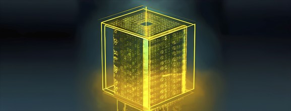 Three dimensional render of a yellow glowing blockchain cube, AI generated