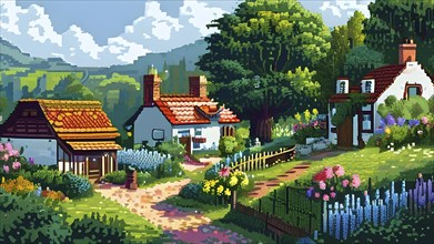 Pixel art illustration of a cozy village in summer with vibrant green roofs and blooming flowers,