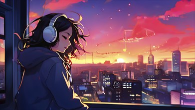 Anime style portrait of a girl with large headphones engulfing her ears, AI generated