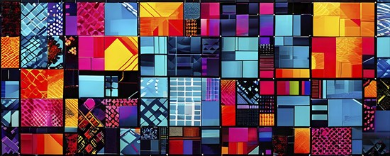 Abstract geometric patchwork illustration with vibrant intersecting geometric shapes filled with