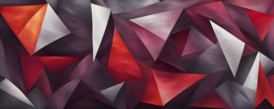 Illustration of abstract art composed of overlapping triangles in purple and red colors, AI