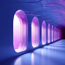 Windows aligned within an elongated tunnel permeated with gradients of blue and magenta hues, AI