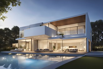 3d render of a modern sustainable house with a swimming pool, AI generated