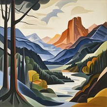 Abstract canvas illustration of a serene nature hike scenery with majestic mountains, AI generated