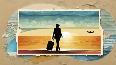 Vintage collage of a tourist with suitcase on a beach symbolizing vacation, AI generated