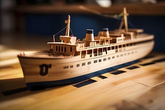 Vintage wooden cruise ship toy with a playful design in front of blurred background, AI generated