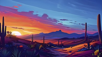 Abstract illustration of a sunset over a desert landscape in vivid and vibrant colors, AI generated